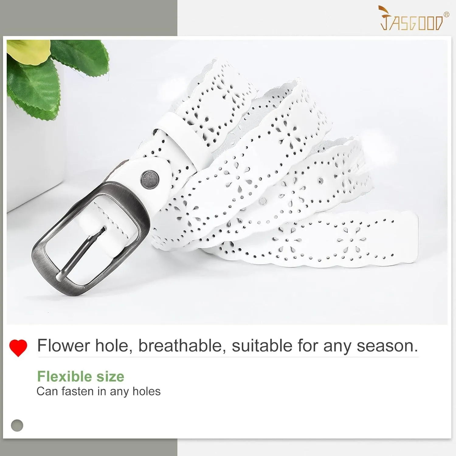 JASGOOD Women Hollow Flower Leather Belt for Jeans Pants Soft Leather Belt with Solid Pin Buckle