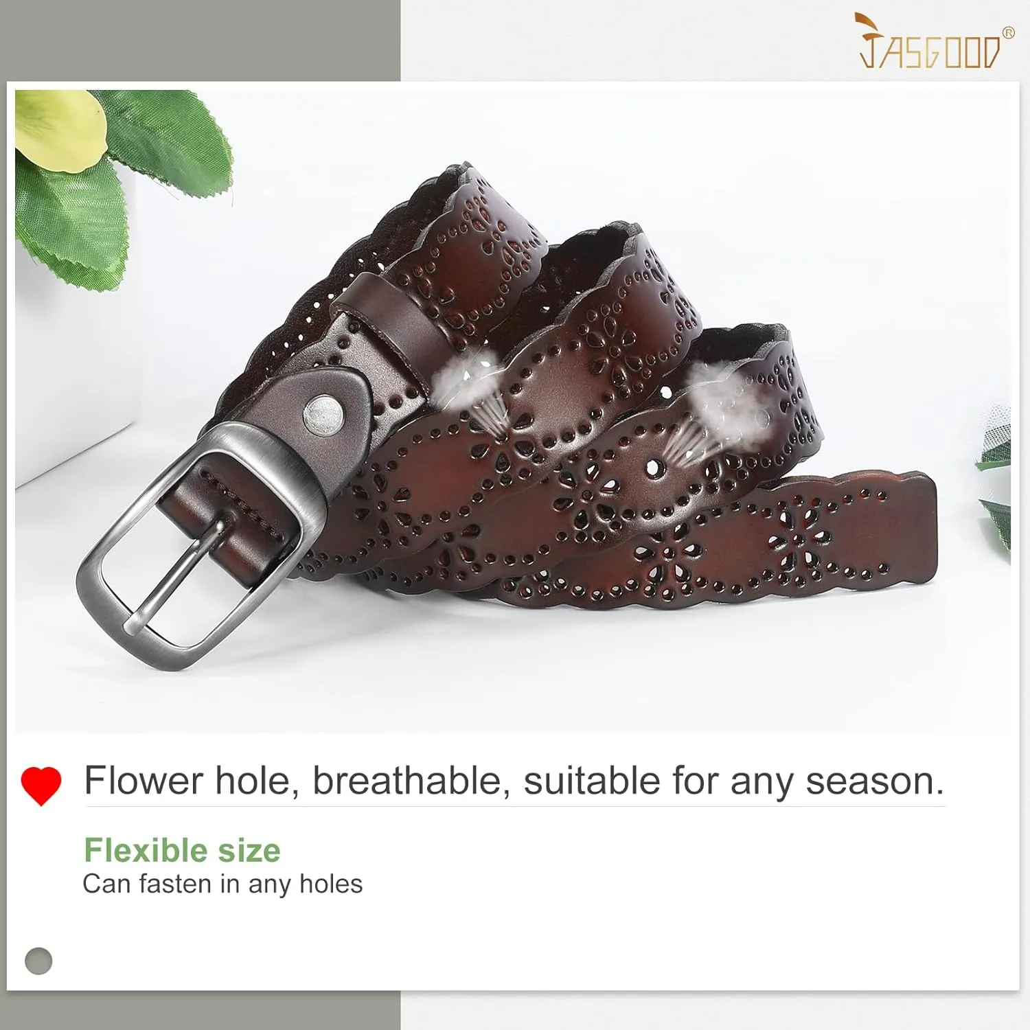 JASGOOD Women Hollow Flower Leather Belt for Jeans Pants Soft Leather Belt with Solid Pin Buckle