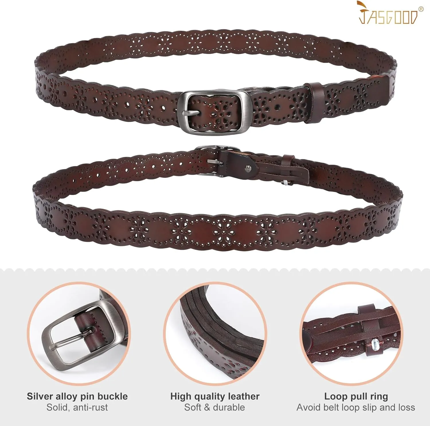 JASGOOD Women Hollow Flower Leather Belt for Jeans Pants Soft Leather Belt with Solid Pin Buckle