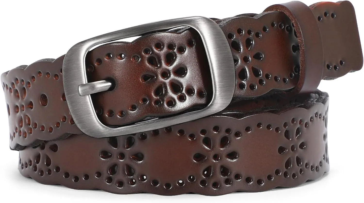 JASGOOD Women Hollow Flower Leather Belt for Jeans Pants Soft Leather Belt with Solid Pin Buckle