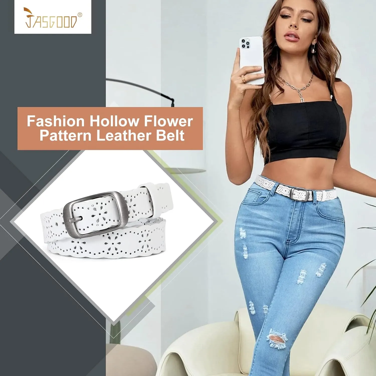 JASGOOD Women Hollow Flower Leather Belt for Jeans Pants Soft Leather Belt with Solid Pin Buckle