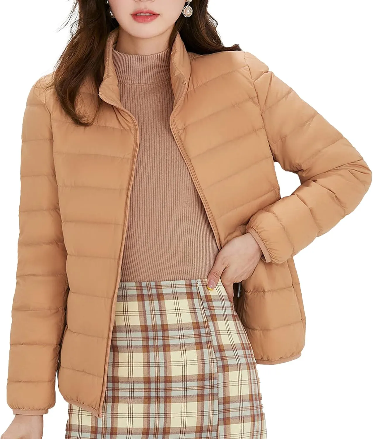JEKE-DG Womens Packable Down Down Jacket Lightweight Long-Sleeve Puffer Jacket Winter Short Zip Puffer Coat