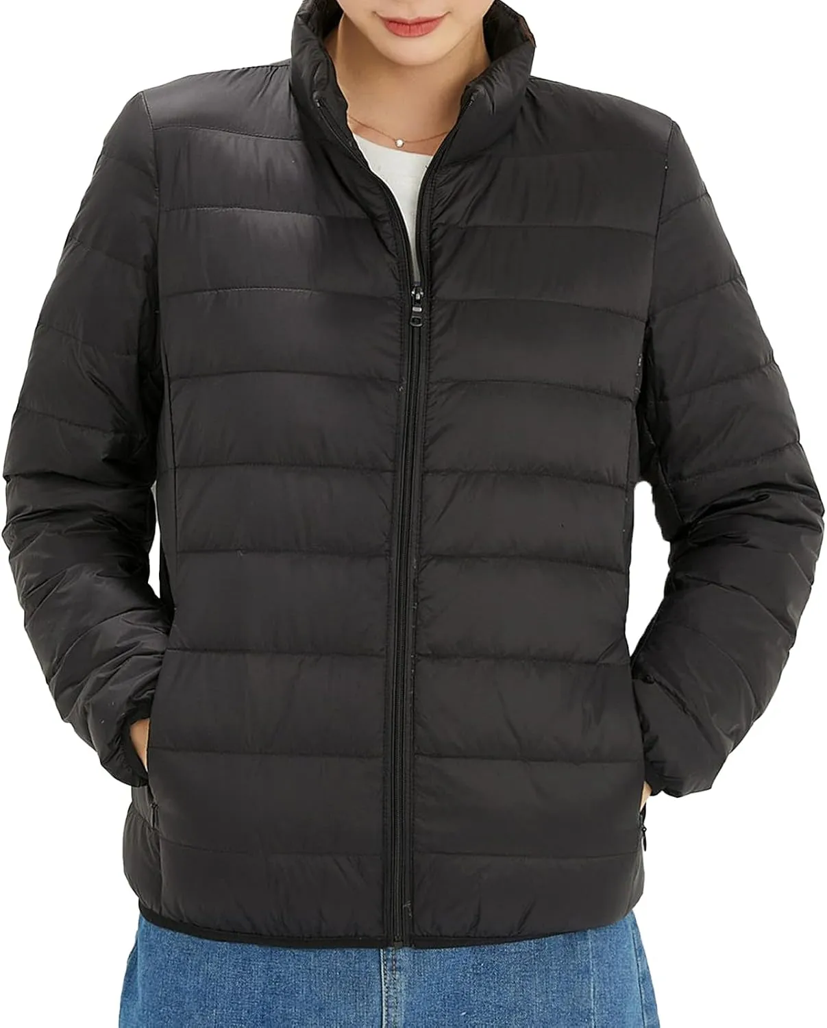 JEKE-DG Womens Packable Down Down Jacket Lightweight Long-Sleeve Puffer Jacket Winter Short Zip Puffer Coat
