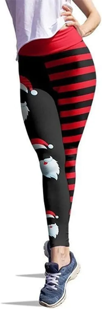 JIFRE Soft High Waist Santa Stripe Print Legging Hip Lift Slim Yoga Pants for Christmas Sportwear Fitness Running