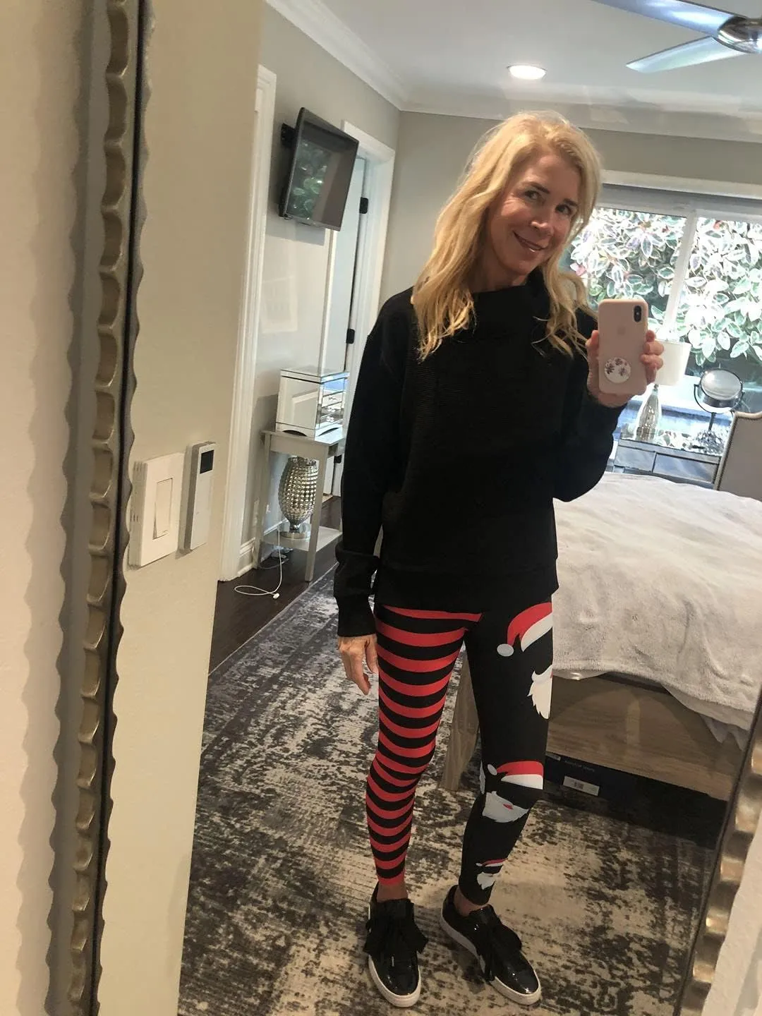 JIFRE Soft High Waist Santa Stripe Print Legging Hip Lift Slim Yoga Pants for Christmas Sportwear Fitness Running