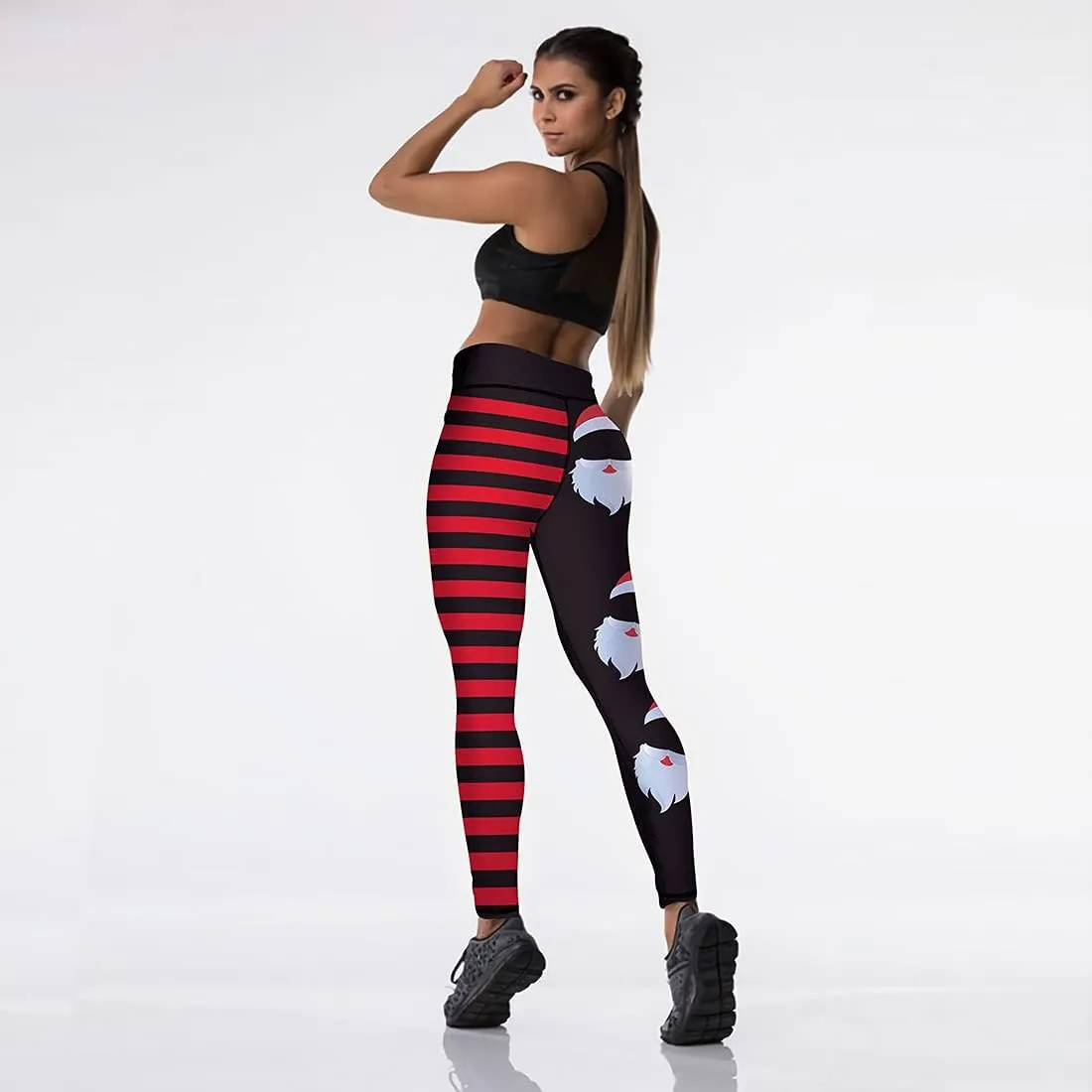 JIFRE Soft High Waist Santa Stripe Print Legging Hip Lift Slim Yoga Pants for Christmas Sportwear Fitness Running