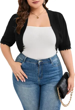 KOJOOIN Women's Plus Size Short Sleeve Shrug Lightweight Open Front Knit Cropped Bolero Cardigan Sweater