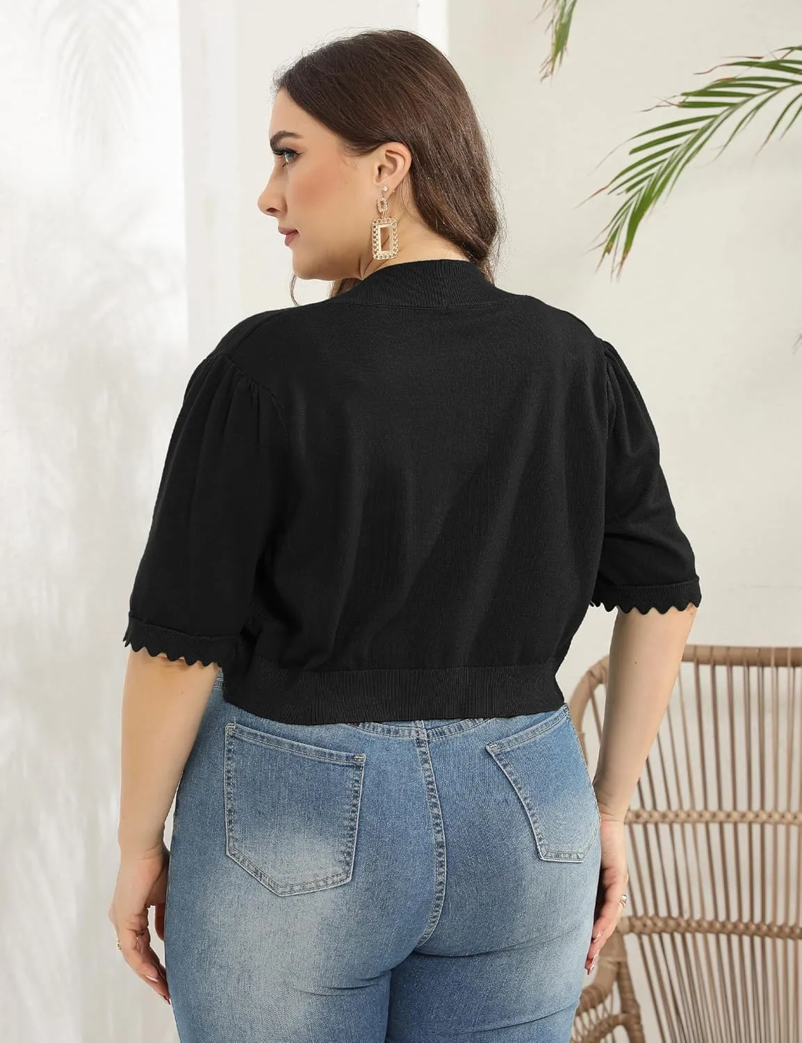 KOJOOIN Women's Plus Size Short Sleeve Shrug Lightweight Open Front Knit Cropped Bolero Cardigan Sweater