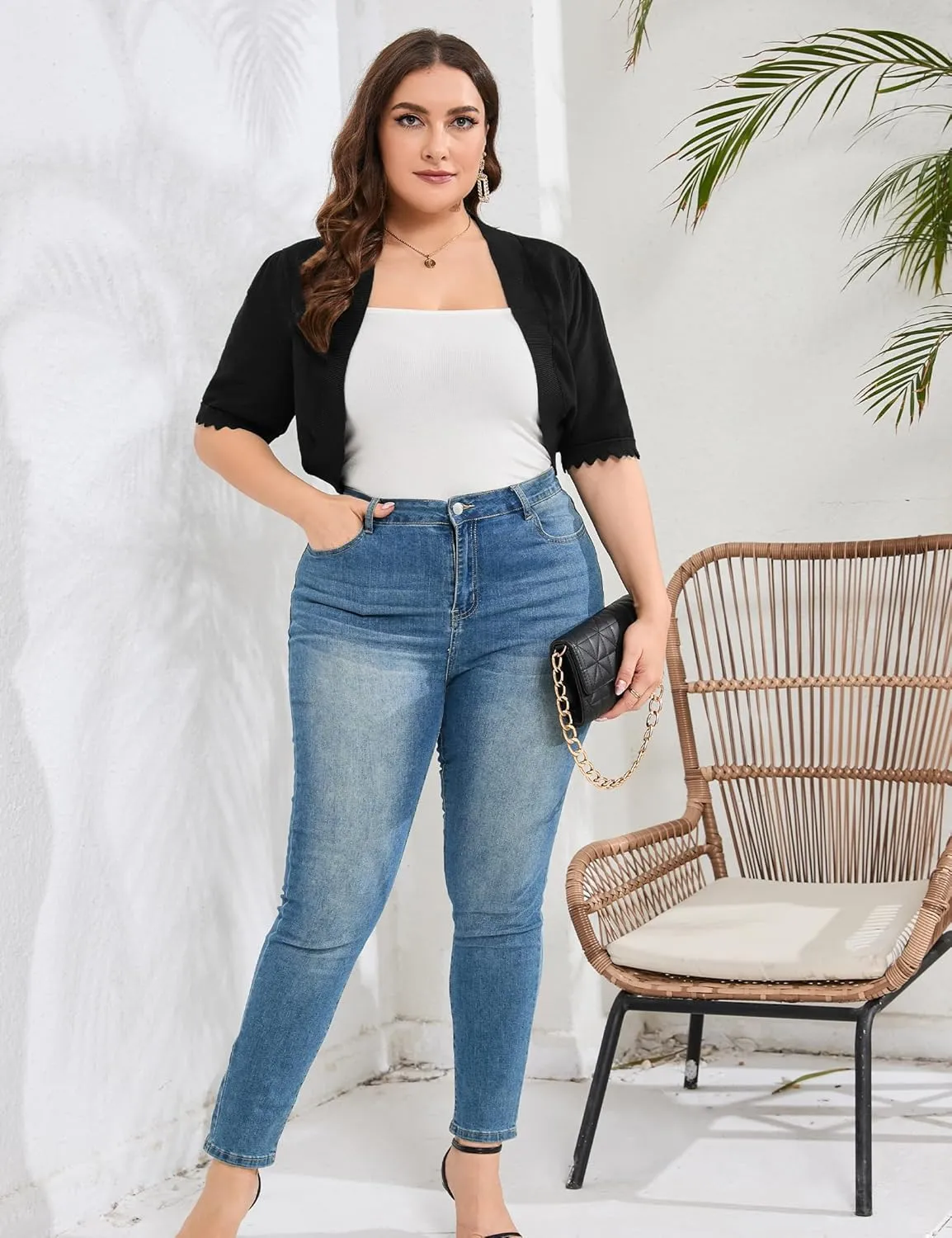 KOJOOIN Women's Plus Size Short Sleeve Shrug Lightweight Open Front Knit Cropped Bolero Cardigan Sweater