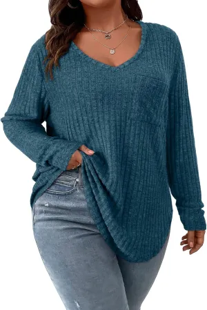 Koscacy Women Plus Size Casual Knit Sweater with Pocket V Neck Solid Color Tops Lightweight Long Sleeve Blouses