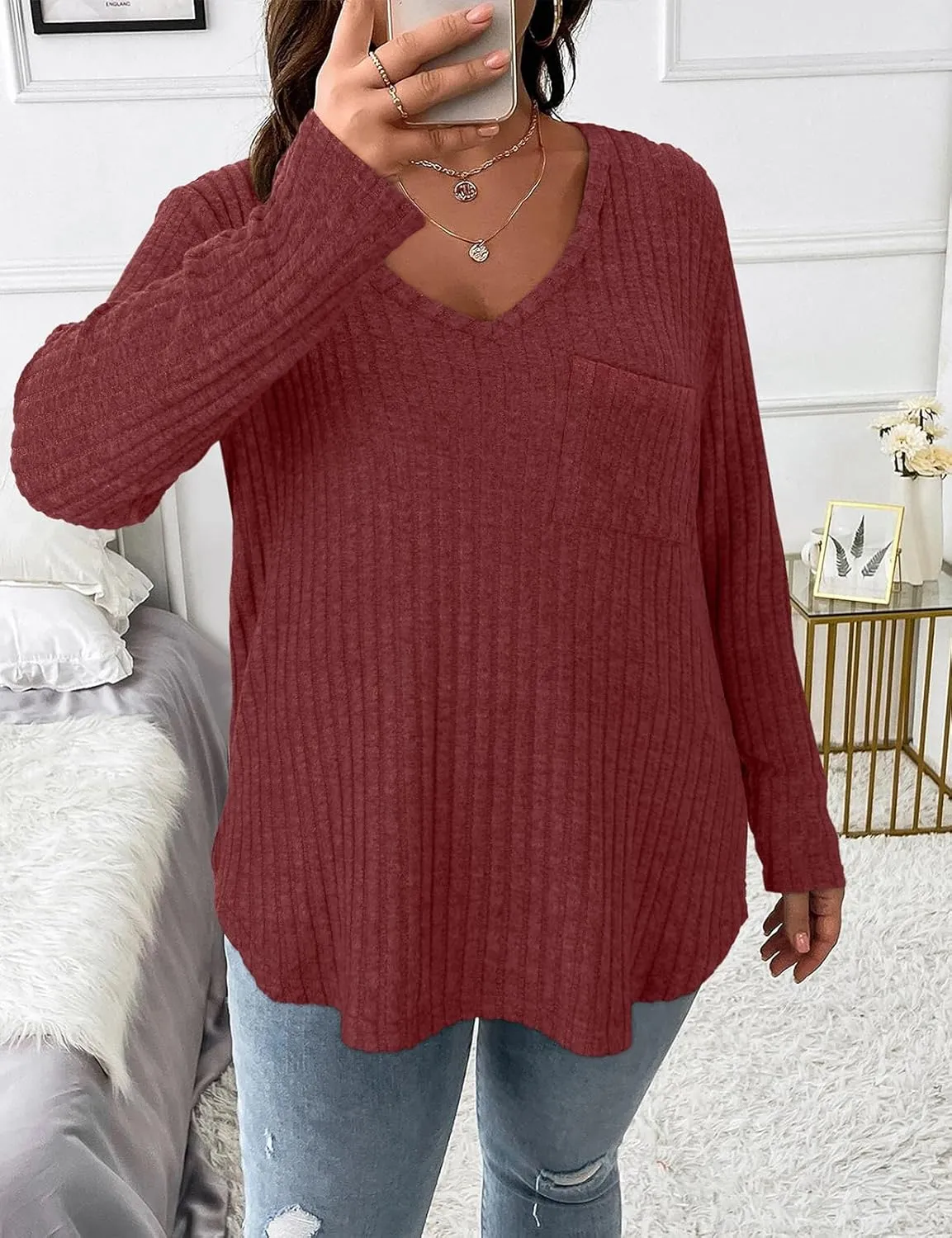 Koscacy Women Plus Size Casual Knit Sweater with Pocket V Neck Solid Color Tops Lightweight Long Sleeve Blouses