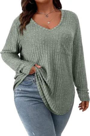 Koscacy Women Plus Size Casual Knit Sweater with Pocket V Neck Solid Color Tops Lightweight Long Sleeve Blouses