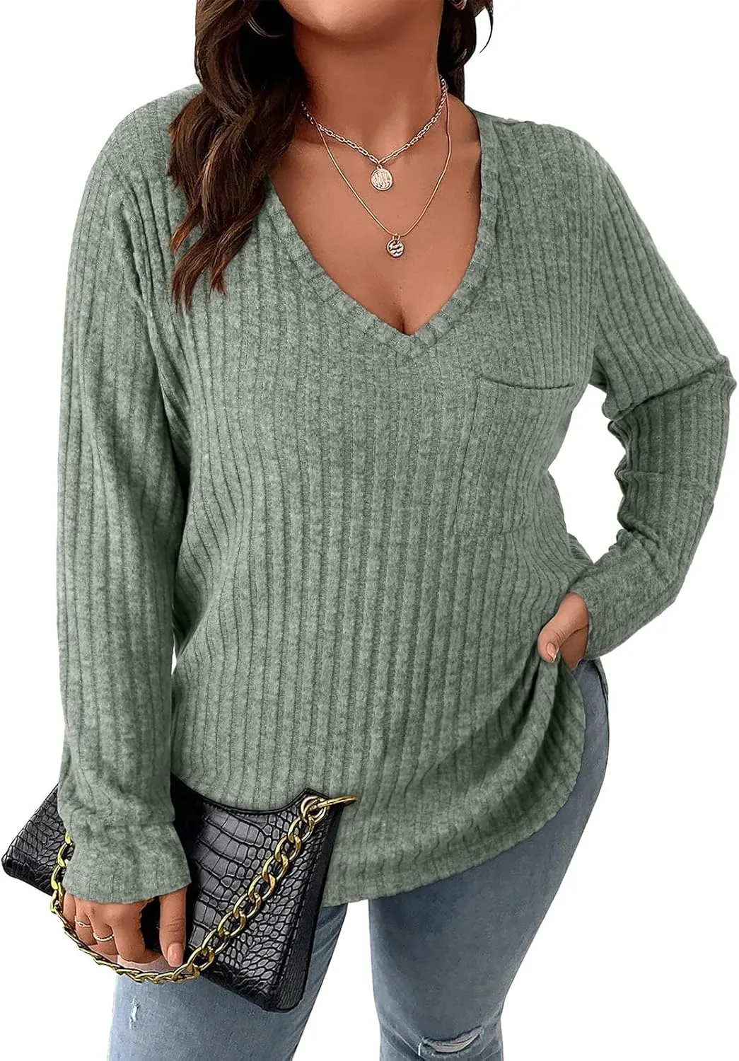 Koscacy Women Plus Size Casual Knit Sweater with Pocket V Neck Solid Color Tops Lightweight Long Sleeve Blouses