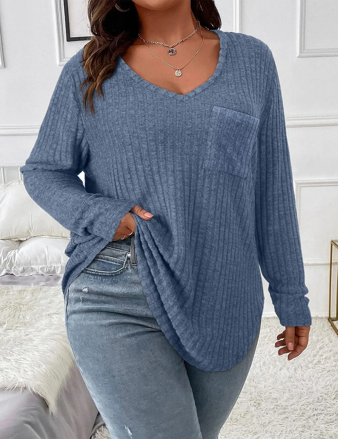 Koscacy Women Plus Size Casual Knit Sweater with Pocket V Neck Solid Color Tops Lightweight Long Sleeve Blouses
