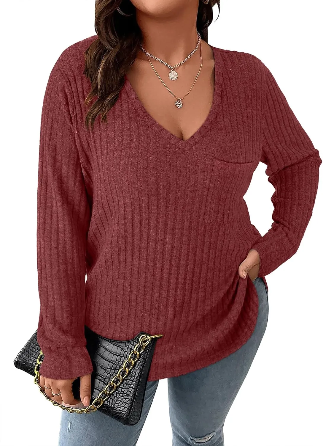 Koscacy Women Plus Size Casual Knit Sweater with Pocket V Neck Solid Color Tops Lightweight Long Sleeve Blouses