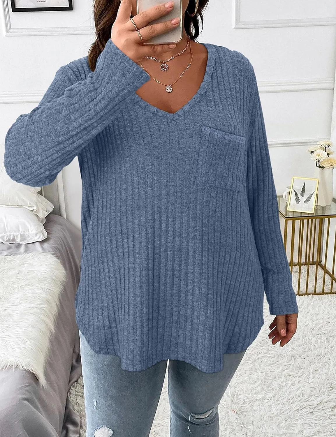 Koscacy Women Plus Size Casual Knit Sweater with Pocket V Neck Solid Color Tops Lightweight Long Sleeve Blouses