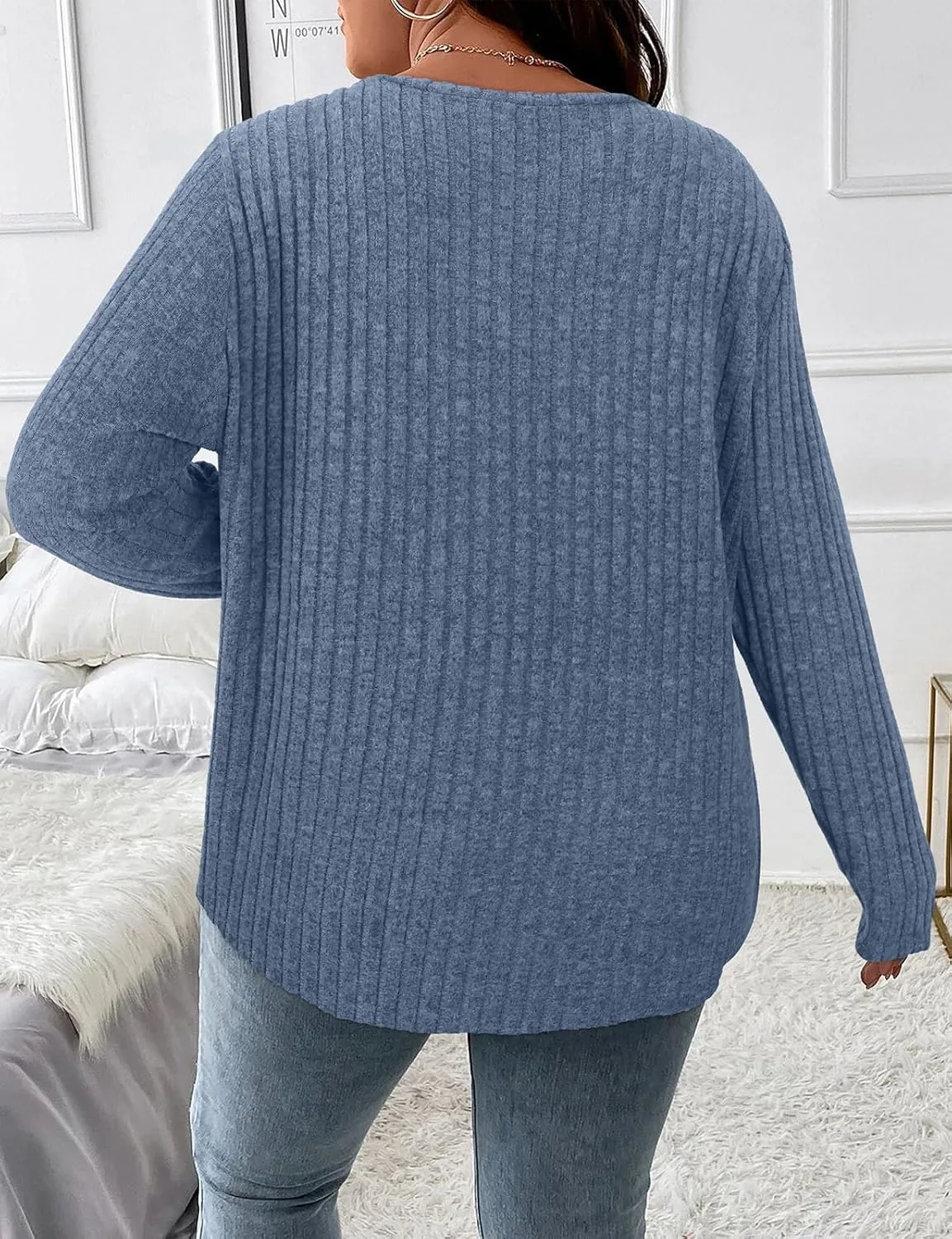 Koscacy Women Plus Size Casual Knit Sweater with Pocket V Neck Solid Color Tops Lightweight Long Sleeve Blouses