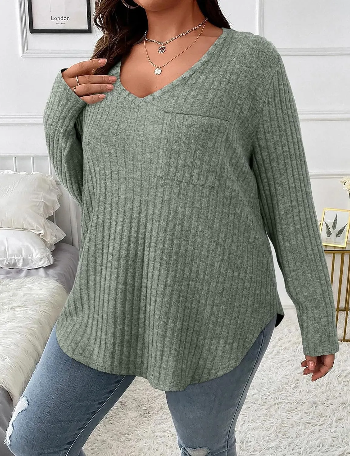 Koscacy Women Plus Size Casual Knit Sweater with Pocket V Neck Solid Color Tops Lightweight Long Sleeve Blouses
