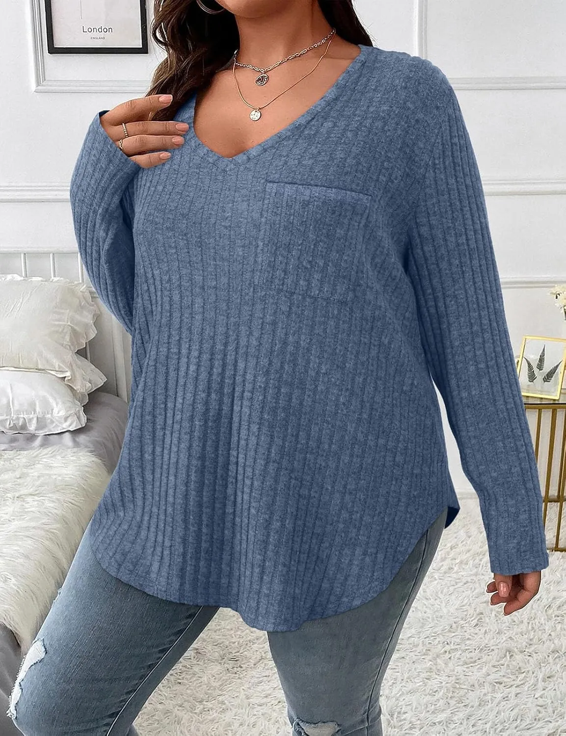 Koscacy Women Plus Size Casual Knit Sweater with Pocket V Neck Solid Color Tops Lightweight Long Sleeve Blouses