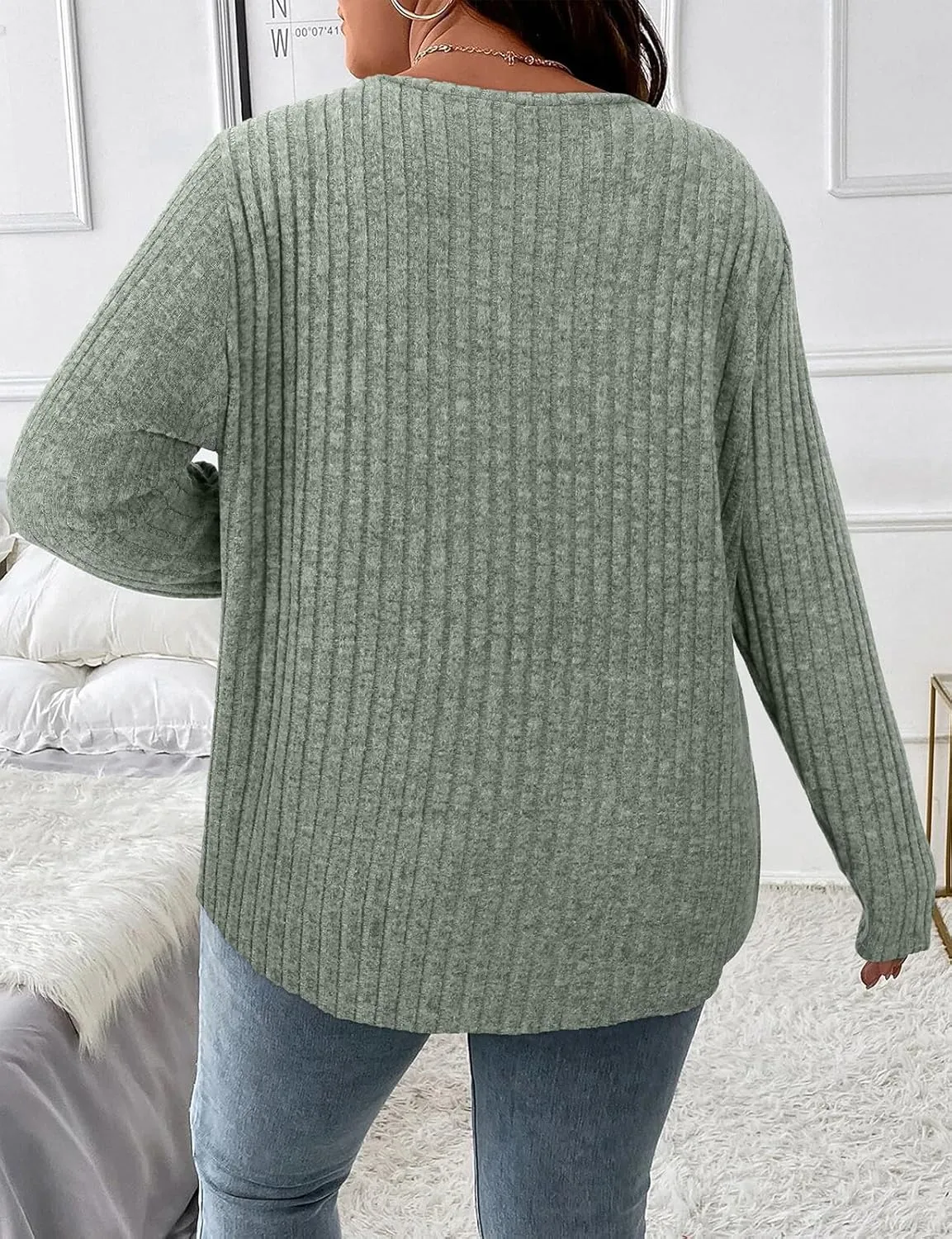 Koscacy Women Plus Size Casual Knit Sweater with Pocket V Neck Solid Color Tops Lightweight Long Sleeve Blouses