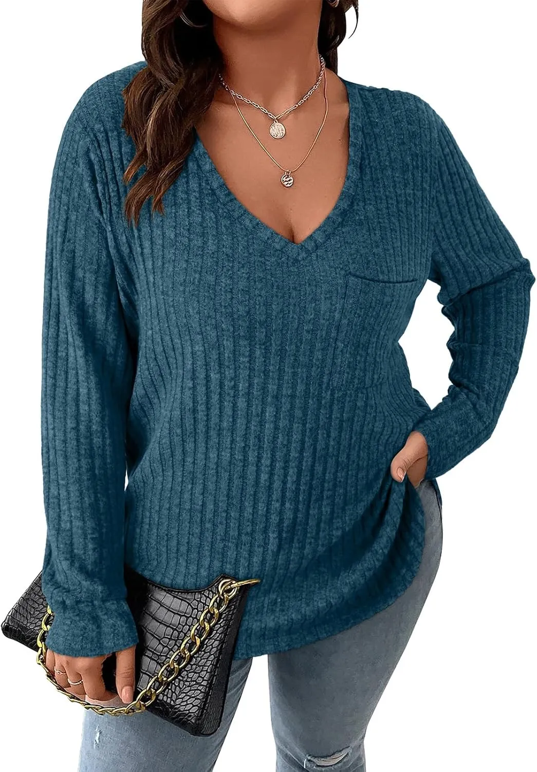 Koscacy Women Plus Size Casual Knit Sweater with Pocket V Neck Solid Color Tops Lightweight Long Sleeve Blouses