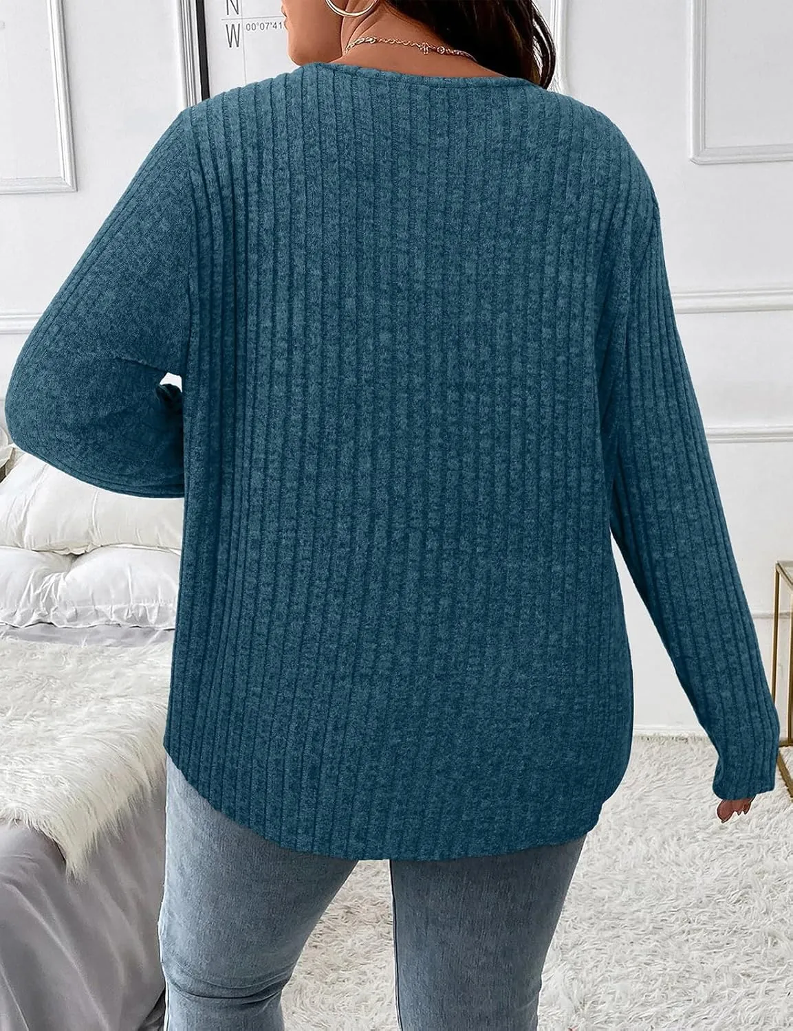 Koscacy Women Plus Size Casual Knit Sweater with Pocket V Neck Solid Color Tops Lightweight Long Sleeve Blouses
