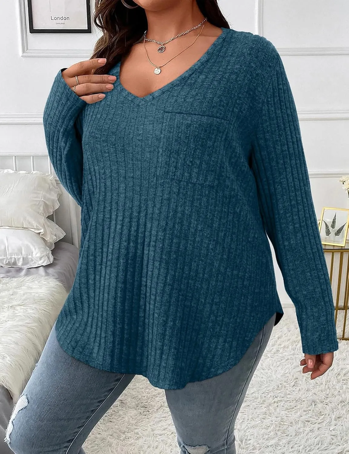 Koscacy Women Plus Size Casual Knit Sweater with Pocket V Neck Solid Color Tops Lightweight Long Sleeve Blouses