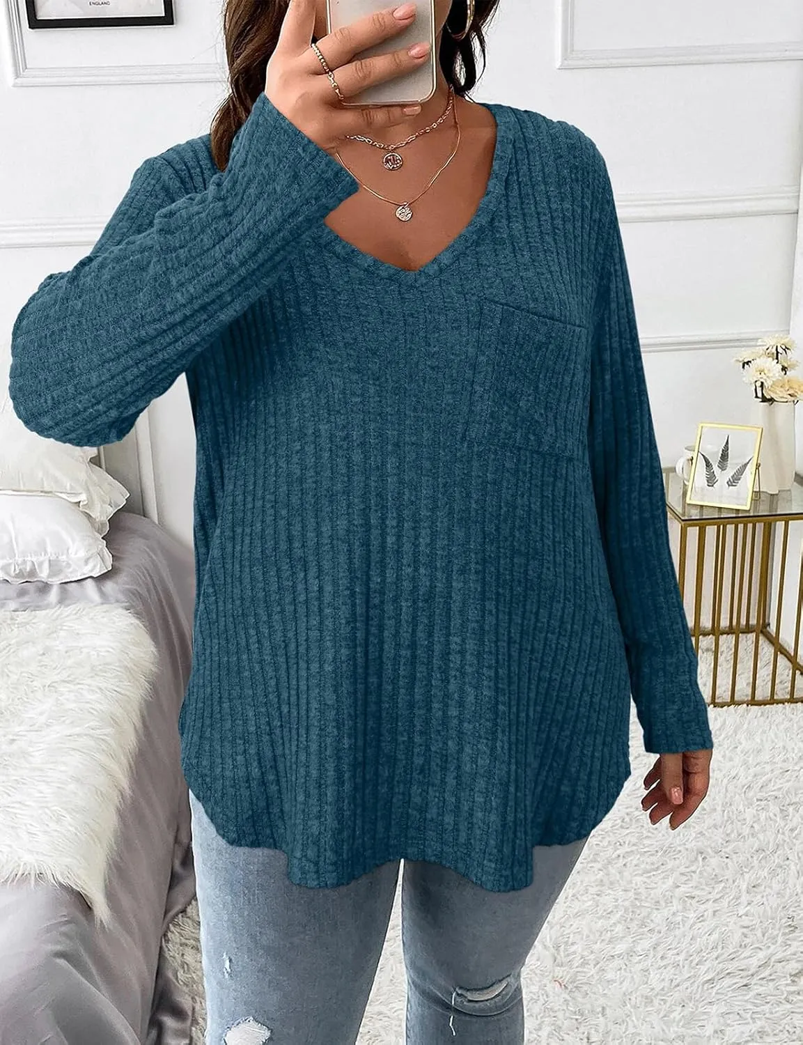 Koscacy Women Plus Size Casual Knit Sweater with Pocket V Neck Solid Color Tops Lightweight Long Sleeve Blouses