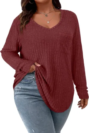 Koscacy Women Plus Size Casual Knit Sweater with Pocket V Neck Solid Color Tops Lightweight Long Sleeve Blouses