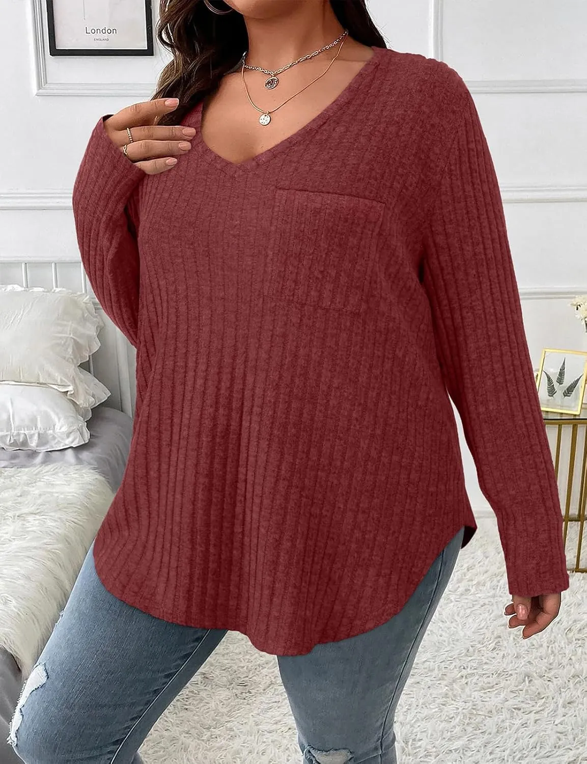 Koscacy Women Plus Size Casual Knit Sweater with Pocket V Neck Solid Color Tops Lightweight Long Sleeve Blouses