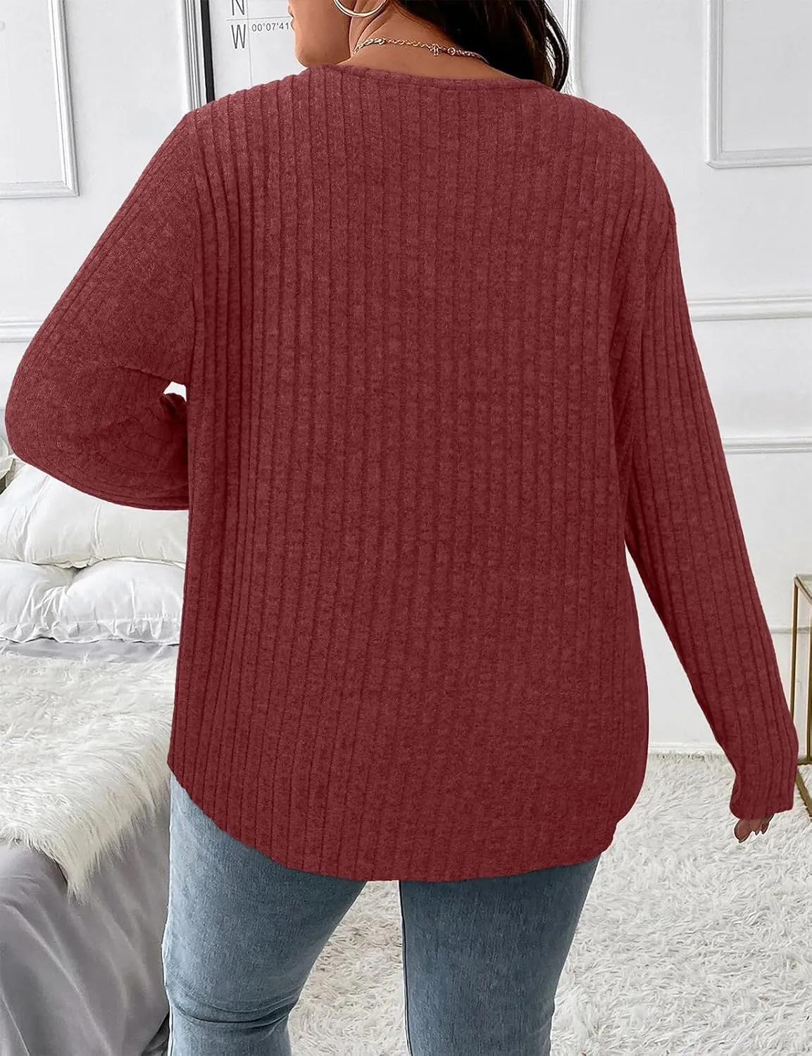 Koscacy Women Plus Size Casual Knit Sweater with Pocket V Neck Solid Color Tops Lightweight Long Sleeve Blouses