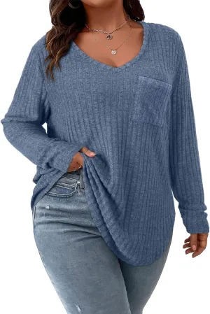 Koscacy Women Plus Size Casual Knit Sweater with Pocket V Neck Solid Color Tops Lightweight Long Sleeve Blouses