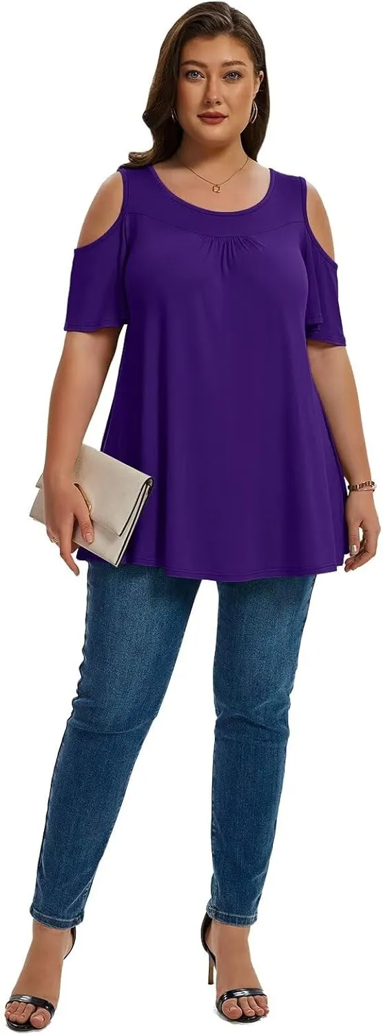 LARACE Plus Size Cold Shoulder Tops for Women Short Sleeve Tunics Shirts Loose Summer Clothes Blouses to Wear with Leggings