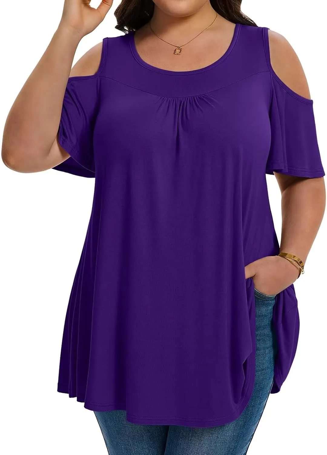 LARACE Plus Size Cold Shoulder Tops for Women Short Sleeve Tunics Shirts Loose Summer Clothes Blouses to Wear with Leggings