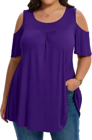 LARACE Plus Size Cold Shoulder Tops for Women Short Sleeve Tunics Shirts Loose Summer Clothes Blouses to Wear with Leggings