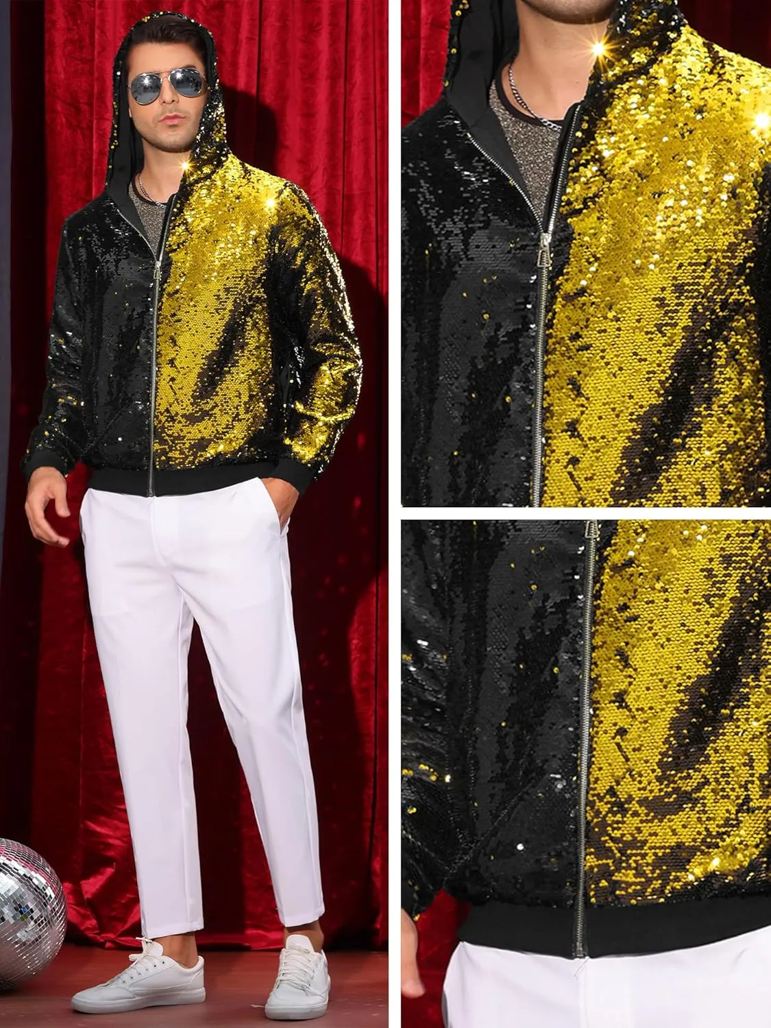 Lars Amadeus Sequins Jacket for Men's Long Sleeves Zip Up Flip-Sequin Sparkle Metallic Hoodie Jackets