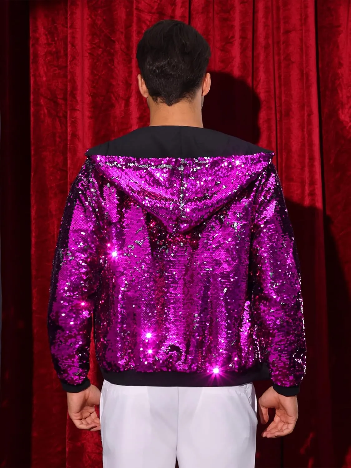 Lars Amadeus Sequins Jacket for Men's Long Sleeves Zip Up Flip-Sequin Sparkle Metallic Hoodie Jackets