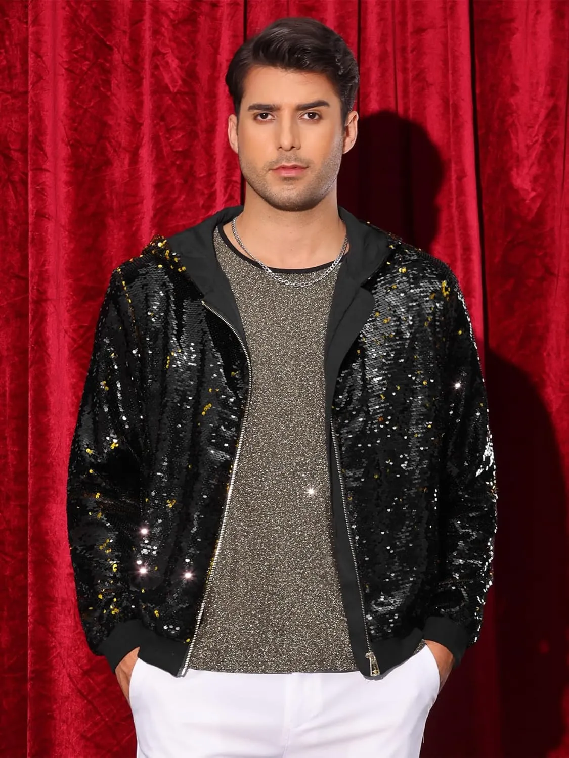 Lars Amadeus Sequins Jacket for Men's Long Sleeves Zip Up Flip-Sequin Sparkle Metallic Hoodie Jackets
