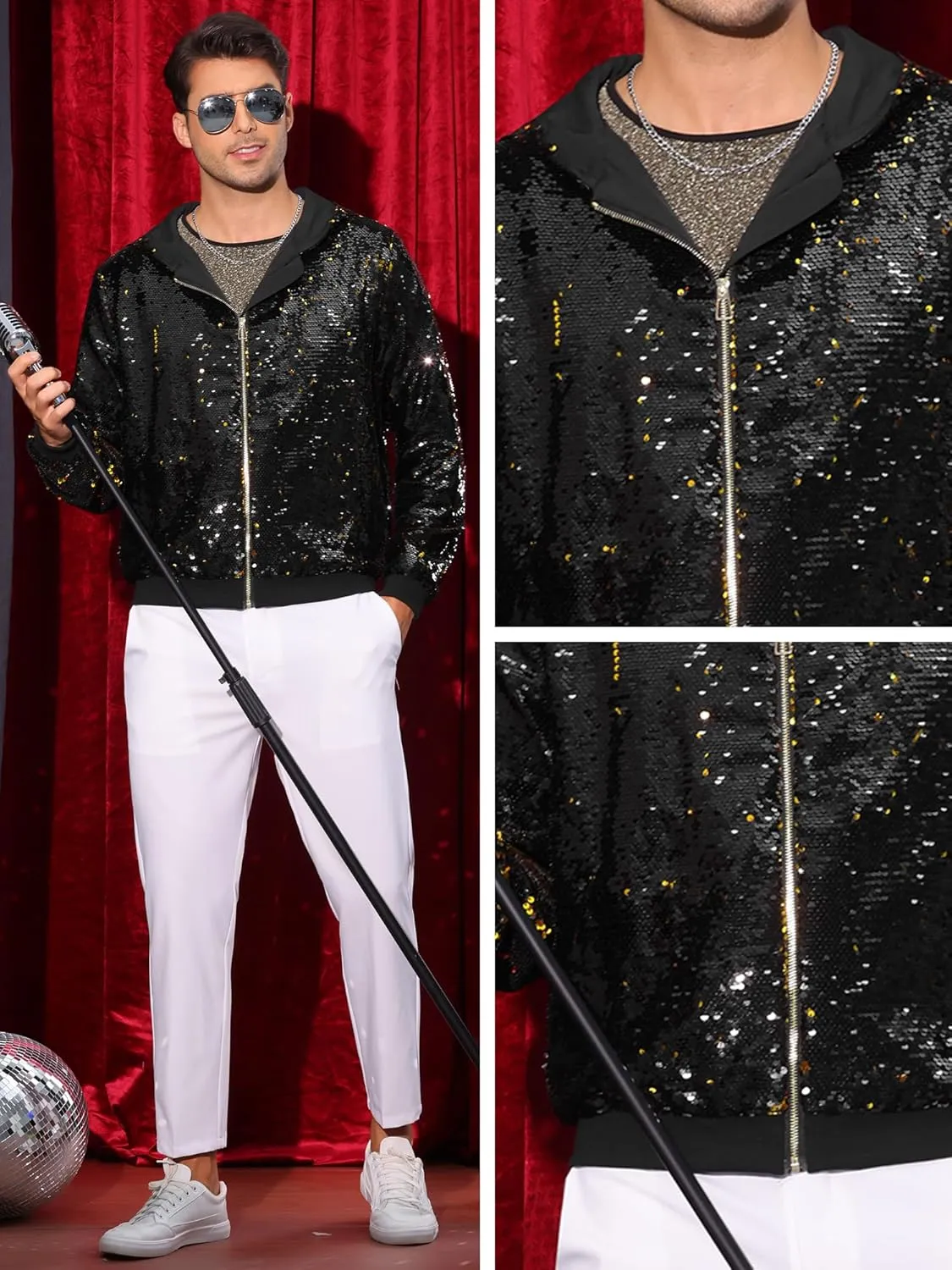 Lars Amadeus Sequins Jacket for Men's Long Sleeves Zip Up Flip-Sequin Sparkle Metallic Hoodie Jackets