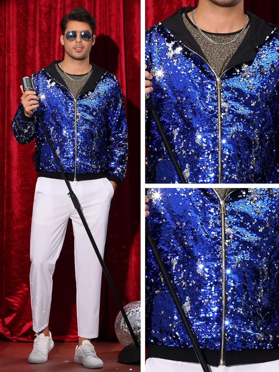 Lars Amadeus Sequins Jacket for Men's Long Sleeves Zip Up Flip-Sequin Sparkle Metallic Hoodie Jackets