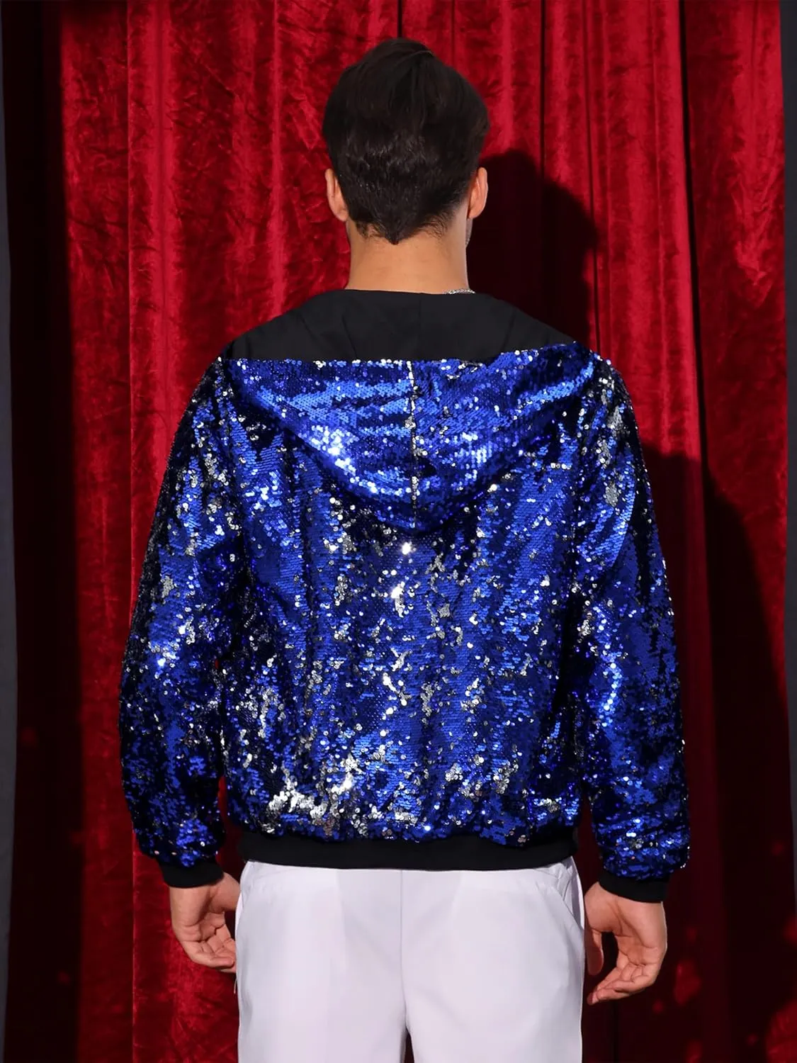 Lars Amadeus Sequins Jacket for Men's Long Sleeves Zip Up Flip-Sequin Sparkle Metallic Hoodie Jackets