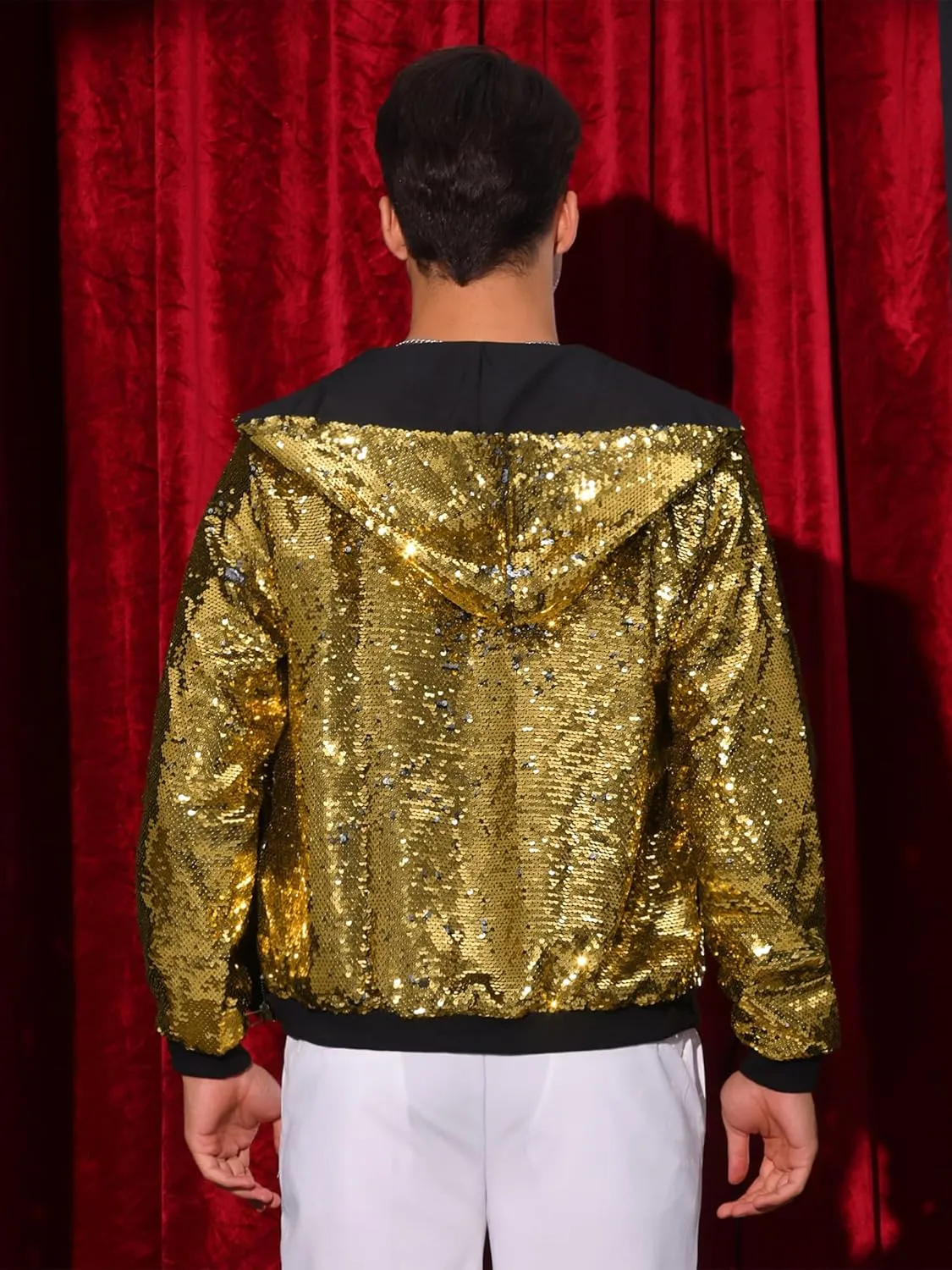 Lars Amadeus Sequins Jacket for Men's Long Sleeves Zip Up Flip-Sequin Sparkle Metallic Hoodie Jackets