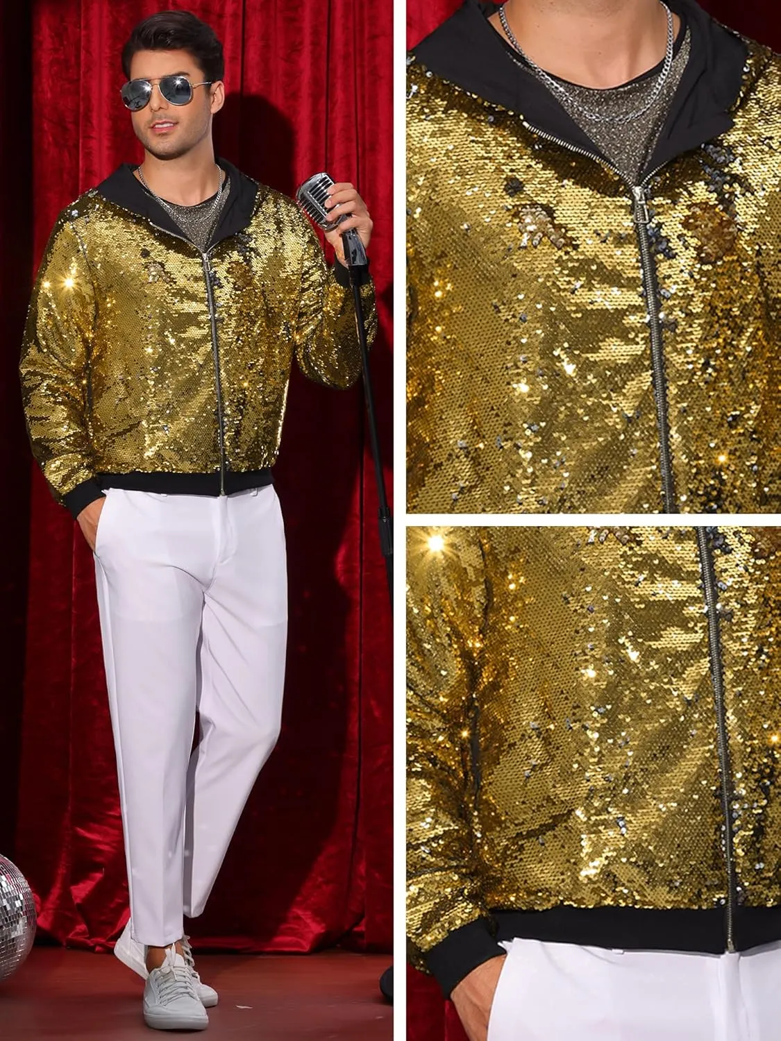 Lars Amadeus Sequins Jacket for Men's Long Sleeves Zip Up Flip-Sequin Sparkle Metallic Hoodie Jackets