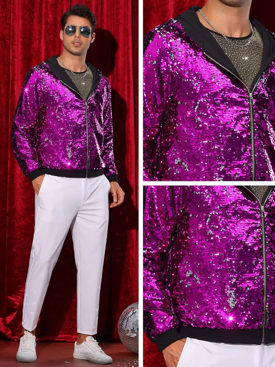 Lars Amadeus Sequins Jacket for Men's Long Sleeves Zip Up Flip-Sequin Sparkle Metallic Hoodie Jackets