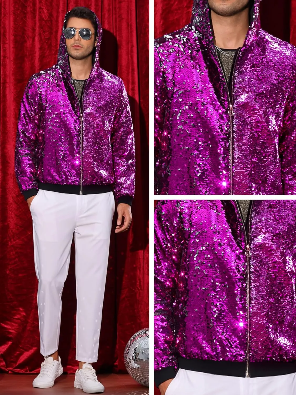 Lars Amadeus Sequins Jacket for Men's Long Sleeves Zip Up Flip-Sequin Sparkle Metallic Hoodie Jackets
