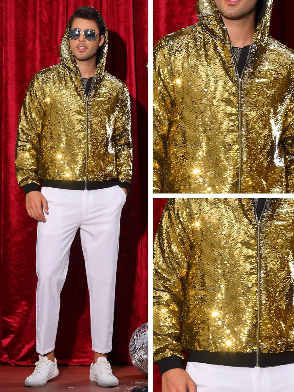 Lars Amadeus Sequins Jacket for Men's Long Sleeves Zip Up Flip-Sequin Sparkle Metallic Hoodie Jackets