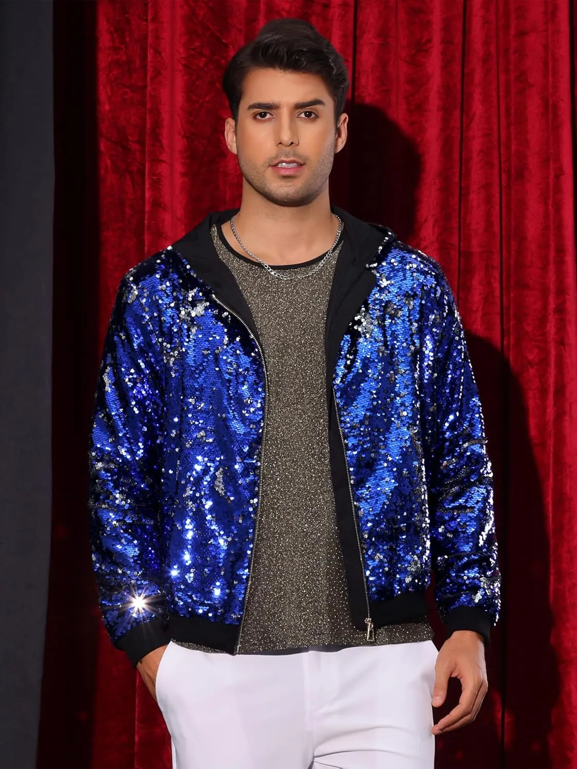 Lars Amadeus Sequins Jacket for Men's Long Sleeves Zip Up Flip-Sequin Sparkle Metallic Hoodie Jackets