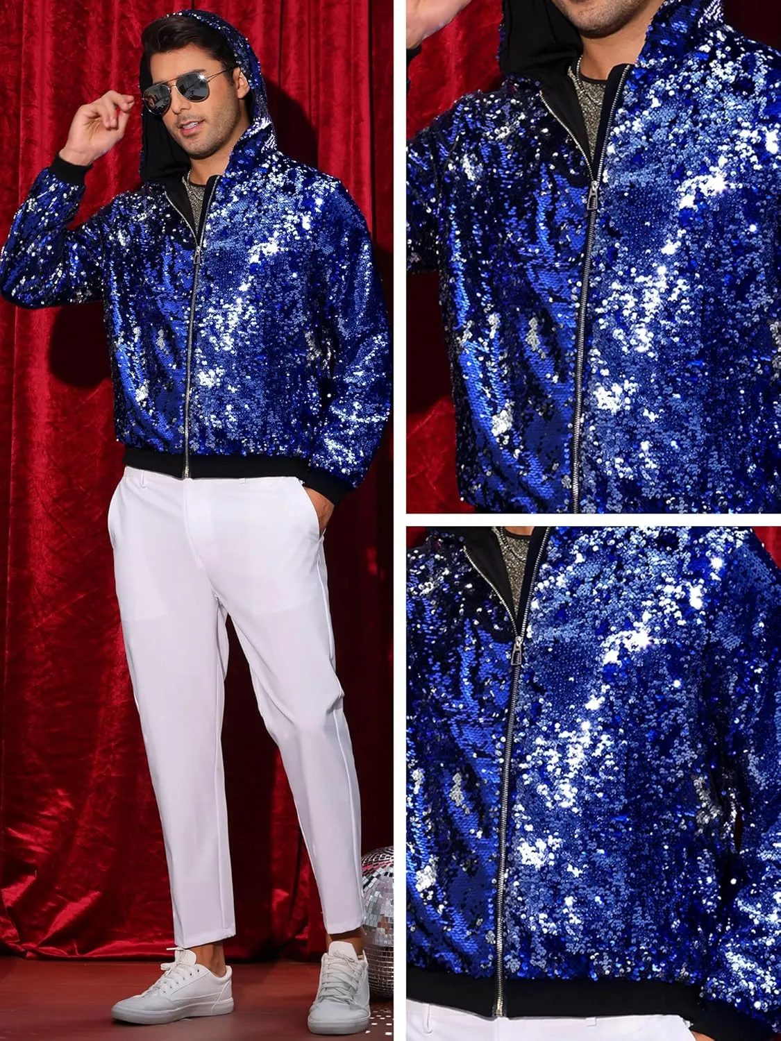 Lars Amadeus Sequins Jacket for Men's Long Sleeves Zip Up Flip-Sequin Sparkle Metallic Hoodie Jackets