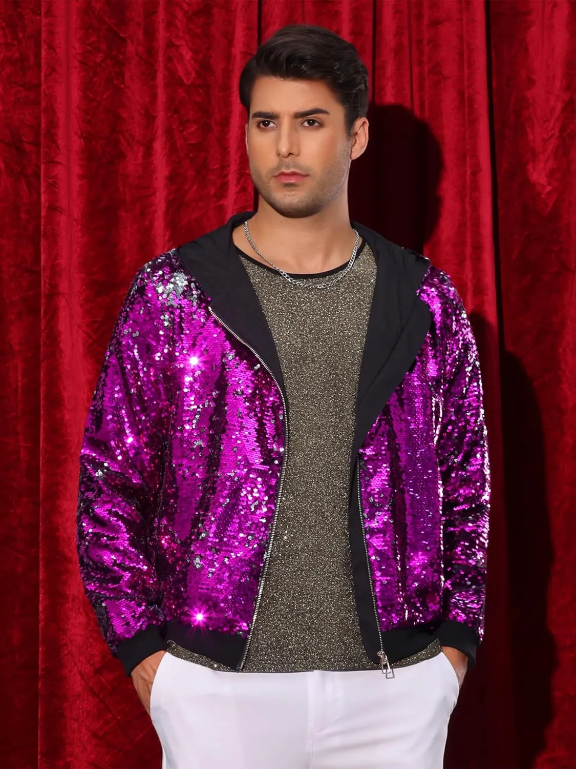 Lars Amadeus Sequins Jacket for Men's Long Sleeves Zip Up Flip-Sequin Sparkle Metallic Hoodie Jackets