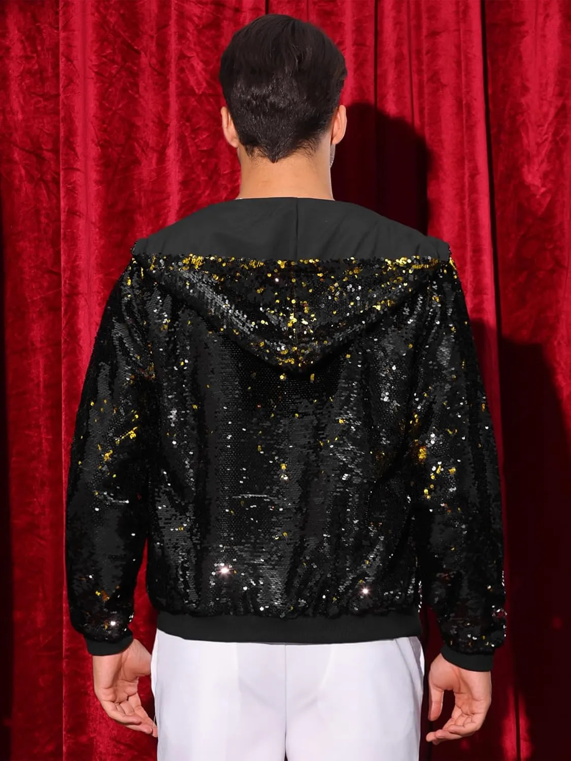 Lars Amadeus Sequins Jacket for Men's Long Sleeves Zip Up Flip-Sequin Sparkle Metallic Hoodie Jackets